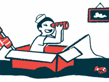 A child wearing a sailor hat looks through a telescope while sitting in a cardboard box.