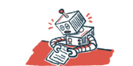 In this illustration of machine learning, a distressed-looking robot analyzes forms.