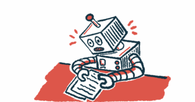 In this illustration of machine learning, a distressed-looking robot analyzes forms.