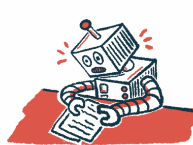 In this illustration of machine learning, a distressed-looking robot analyzes forms.