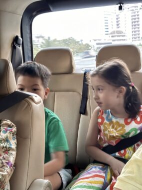 two children ride together in the back seat of a car.