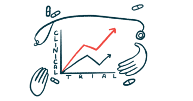 An illustration of a chart denoting a clinical trial with two arrows charting progress, one in a more upward direction.