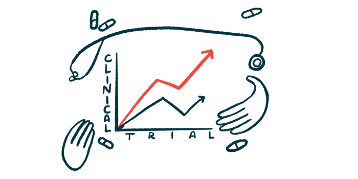 An illustration of a chart denoting a clinical trial with two arrows charting progress, one in a more upward direction.
