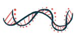 An illustration of a ribbon-shaped DNA strand.