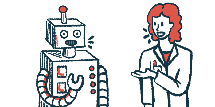 An illustration of a woman seen talking to a robot.